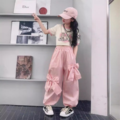 粉紅工裝褲女童夏季2024新款兒童潮褲穿搭套裝女大童爵士街舞褲子