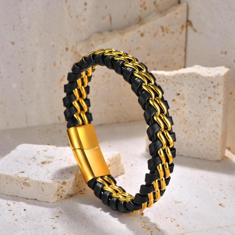 Cross-Border Leather Rope Bracelet Stainless Steel Leather Braided Chain Bracelet Genuine Leather Bracelet Trendy Men's Bracelet Wholesale