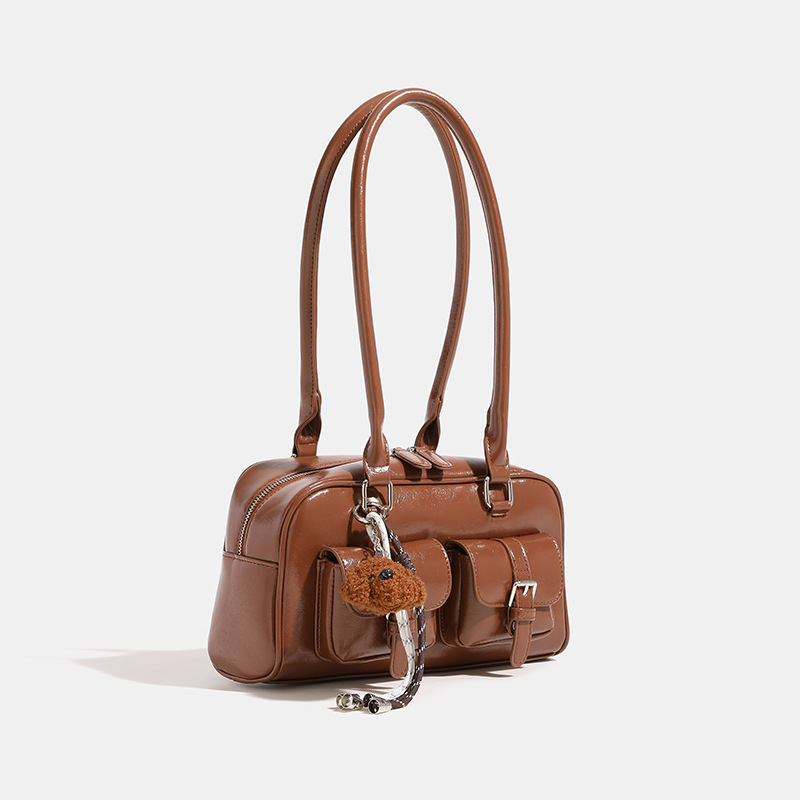 Boston Bag Gewachste Lederkissentasche Für Damen 24 Herbst Und Winter Neue Pendler Bowlingtasche Handtasche Umhängetasche_voghion.com
