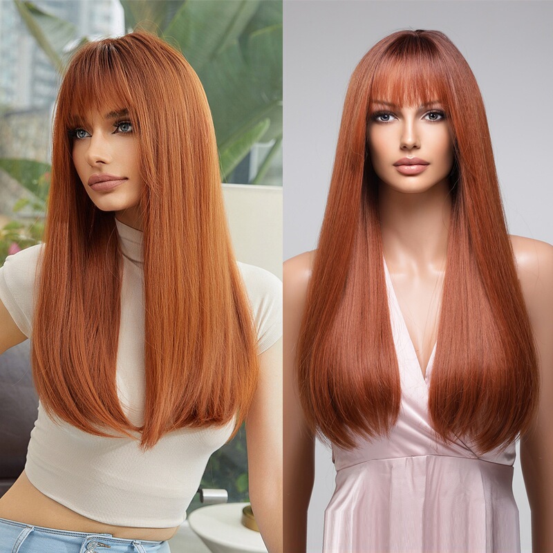 Wig Female Full Headgear Cross-Border Russian Mechanism Bangs Long Straight Hair High Temperature Silk Natural Black Orange Pink Hair