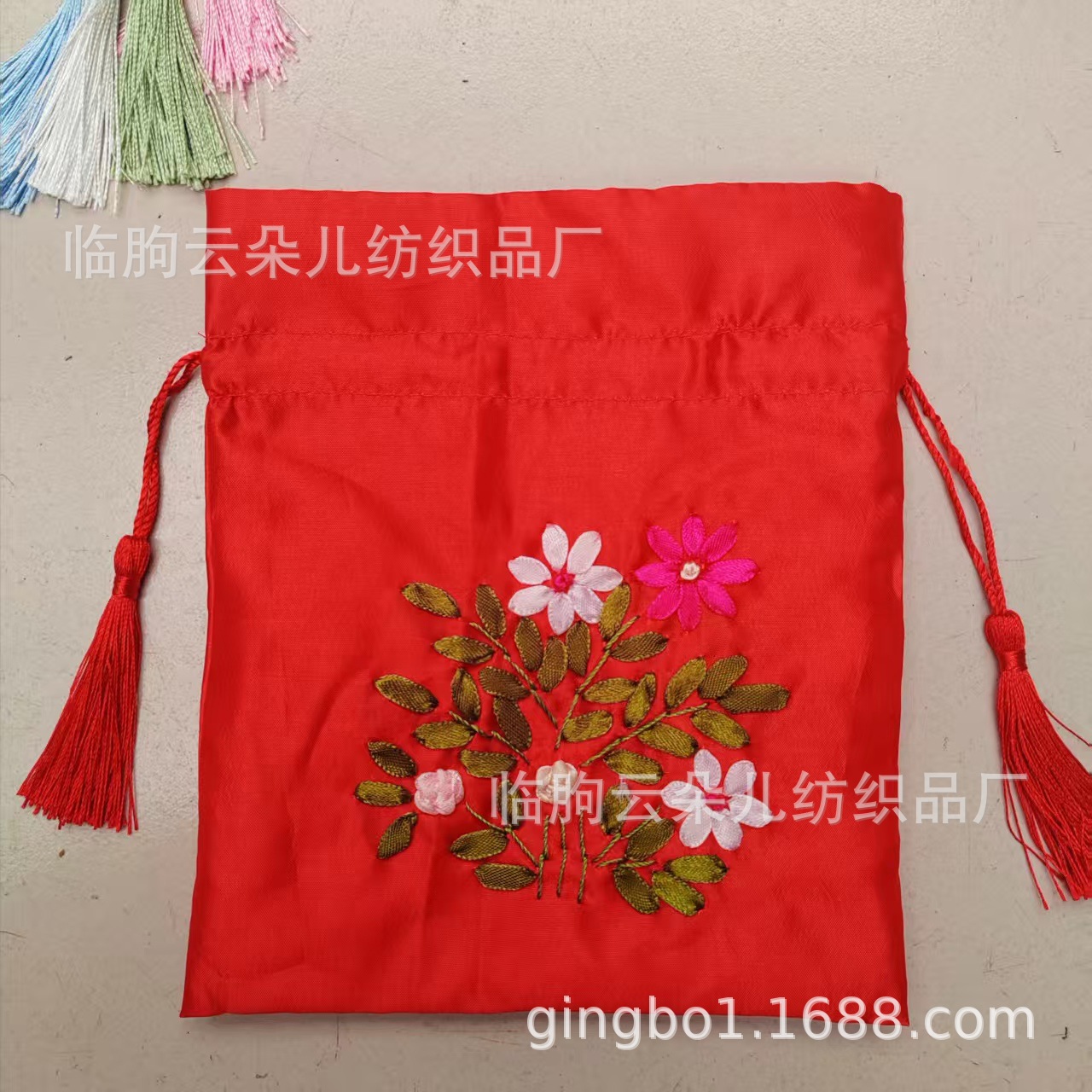 纯手工丝带绣花 喜庆 布艺抽袋 批发 工厂直销