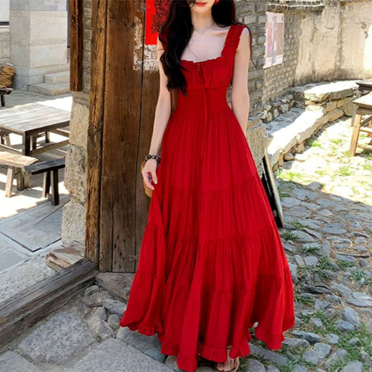 A Sweet Peach Dress from the Collection "Fiery Blossoms" Featuring a Waist-Cinching Design That Makes You Look Slim, a Stunning Summer Slip Dress for Women