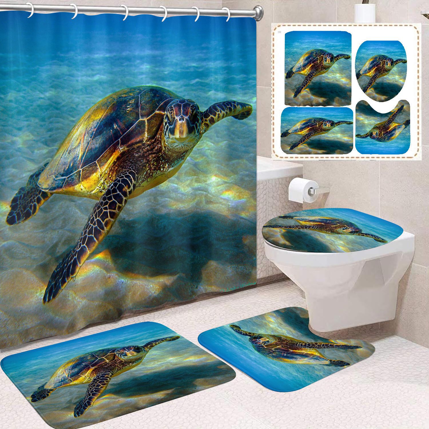 Cortina de ducha transfronteriza con diseño de delfines azules, estampada digitalmente, de poliéster, sin perforaciones, para baño, decoración del hogar image 57