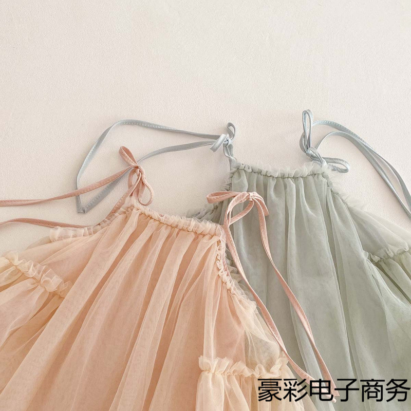 韓国スタイルの女の子サスペンダーメッシュスカート夏の新しい幼児ベビー甘いリボンプリンセスドレス|undefined