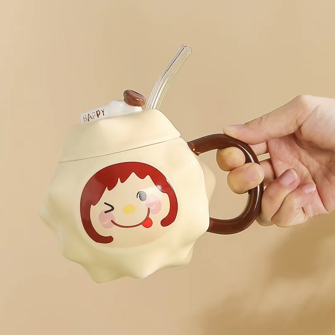 Creativo lindo Durian taza chica paja taza de agua personalidad de alto aspecto taza de desayuno de cerámica taza de oficina