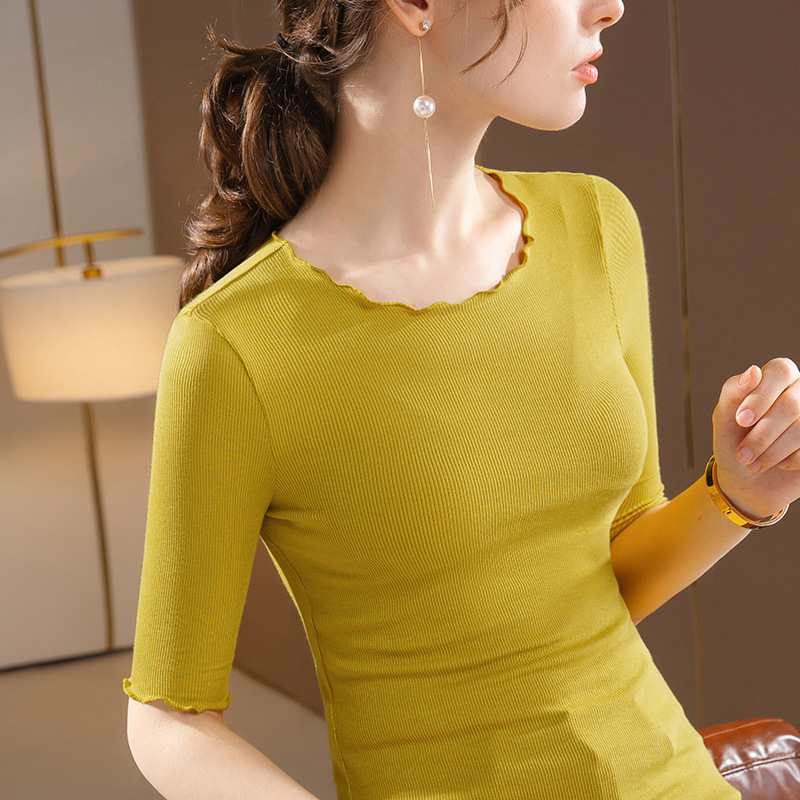 Camisa de fondo de manga media para mujer 2022 nueva camiseta de cuello redondo modal para mujer que reduce la edad en la oreja de madera interior superior de color sólido image 1