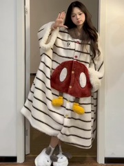 米奇睡衣保暖亲肤气质条纹睡袍连帽珊瑚绒立体图案加绒加厚家居服