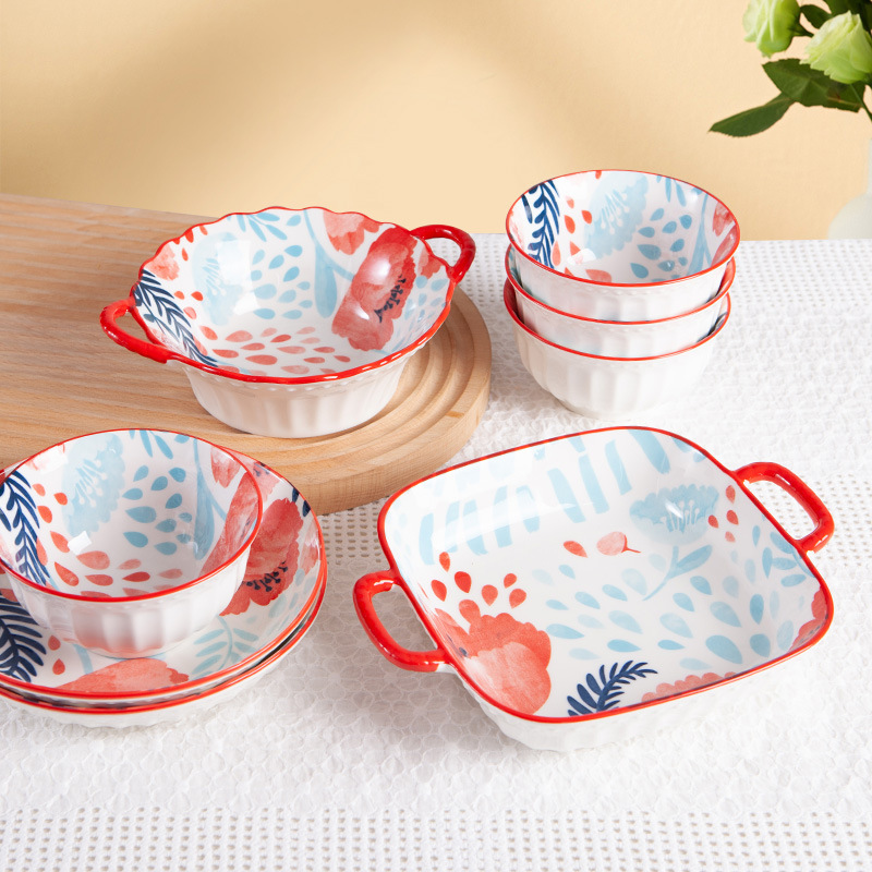 松发瓷器珠点红花双耳碗家用泡面碗小碗汤碗陶瓷餐具碗盘汤盆大碗|undefined