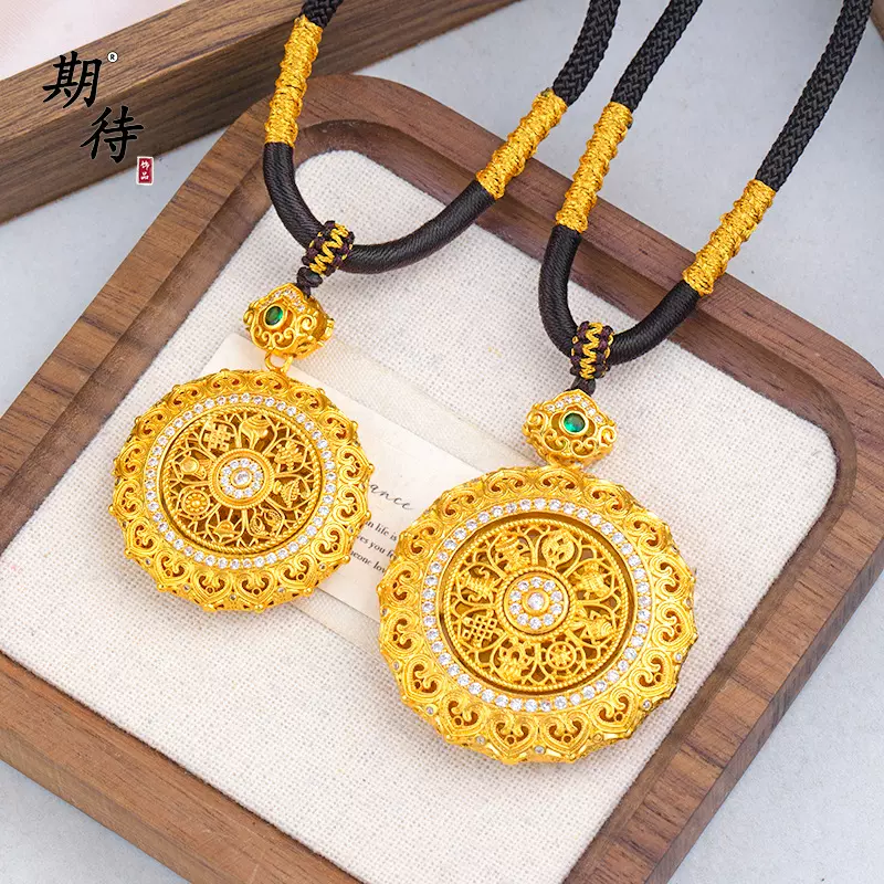 久不掉色沙金镂空花丝旋转八宝罗盘吊坠手工编绳项链国风饰品批发