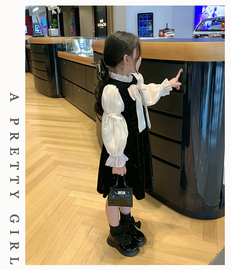 Girls' Spring and Autumn Long sleeved High end 2023 Western style Hepburn Small Fragrance Bow Bubble Sleeve Dress_voghion.com
