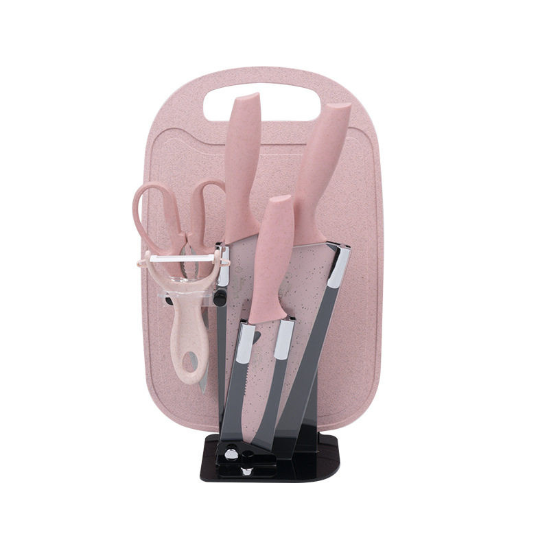 Juego de cuchillos de paja de trigo coloridos en stock del fabricante, con soporte para cuchillos, juego de regalo de 6 piezas de cuchillos de cocina de acero inoxidable para el hogar.
