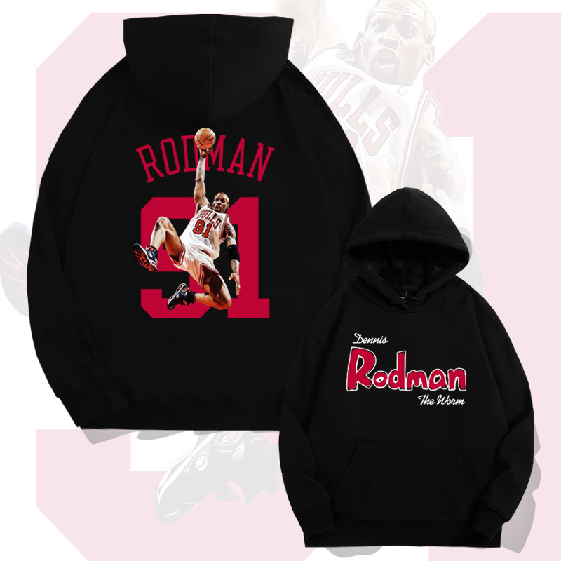 American Street Style Basketball Rodman No. 91 Hooded Sweatshirt Men's Autum Youth Loose Shoulder Long-Sleeved Jacket