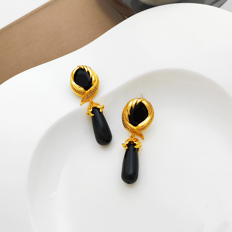 Retro Geometric Copper Inlay Resin Glass Zircon Drop Earrings 1 Pair