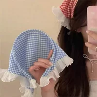 Повязка на голову Lazy, синий клетчатый кружевной треугольный платок, женская повязка на голову в пасторальном стиле Baotou, элитная морская атмосфера