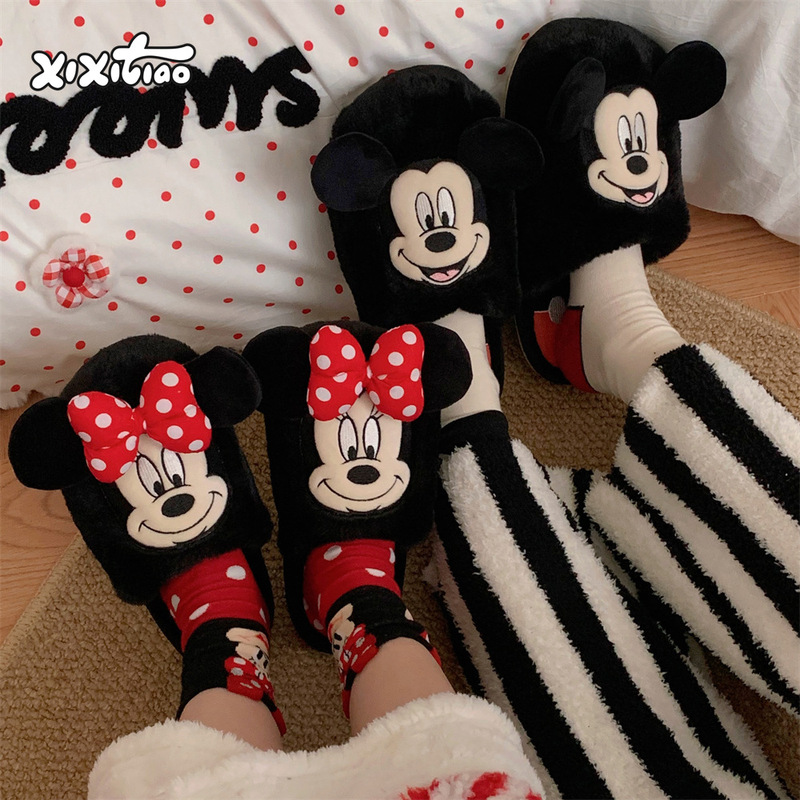 Men and Women Autumn and Winter Indoor Warm Woolen Cotton Shoes 2025 New Couple Cute Mickey and Minnie Cotton Slippers Ins
