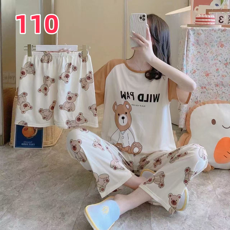 睡衣女夏季新款卡通三件套可爱简约休闲圆领家居服套装可外穿|undefined