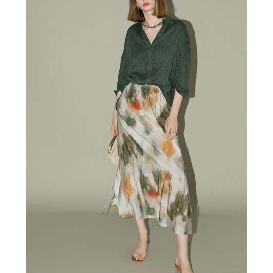 National Style Dye Printed Skirt New Chinese Beaded Streaming Dress HS7019