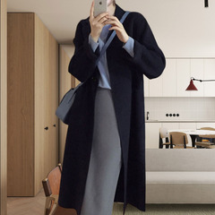 2023年冬コーナー高級新両面カシミヤコート女性気質黒青中長毛コート