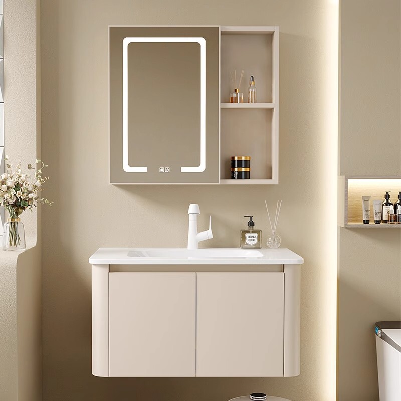 Cream Style Rounded Corner Bathroom Cabinet Combination Hand Wash Basin Cabinet Space Aluminum Bathroom Cabinet Washbasin Ceramic Integrated Basin