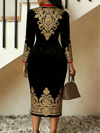 New Women's Elegant V Neck Long Sleeve Dress Style Digital Print_ecoleips.com