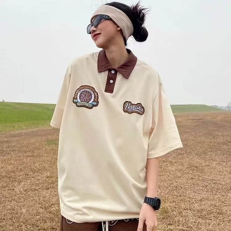 Японское ретро polo, с вышивкой, с коротким руковом, oversize