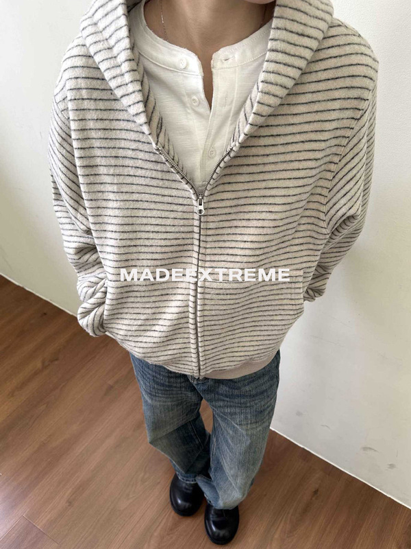 EME 早秋新款条纹绒感舒适通勤日常拉链休闲连帽宽松boxy卫衣男女|undefined