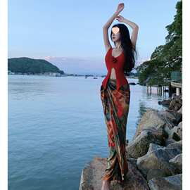 法式度假风油画印花缎面半身裙长裙一片式裹裙
