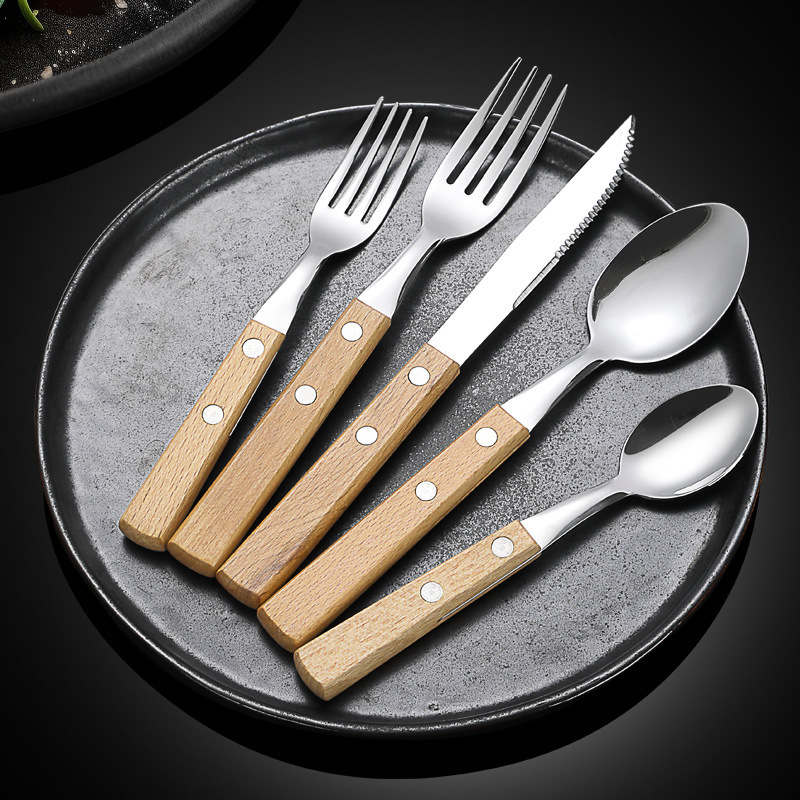 304 de acero inoxidable mango de beech cuchillo de filete tenedor cuchara de postre cuchillo de restaurante occidental tenedor cuchara de regalo set de cuatro piezas