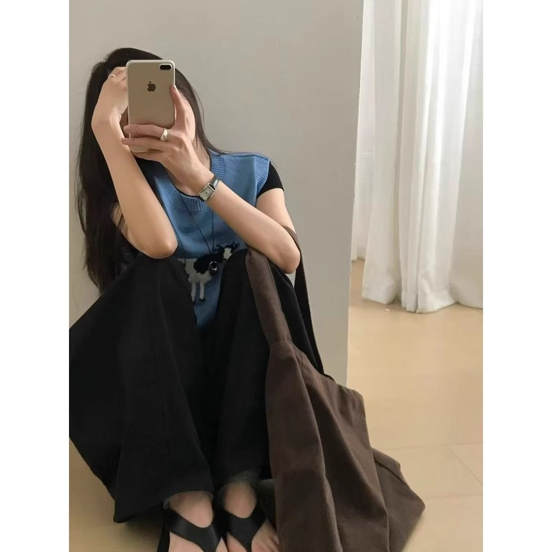 O MI-韩系慵懒风卡通奶牛提花圆领针织马甲H2031|undefined