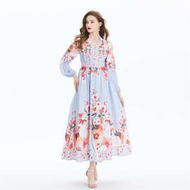 外贸欧美亚马逊2024春夏季时尚飘逸印花长袖名媛度假连衣裙dress
