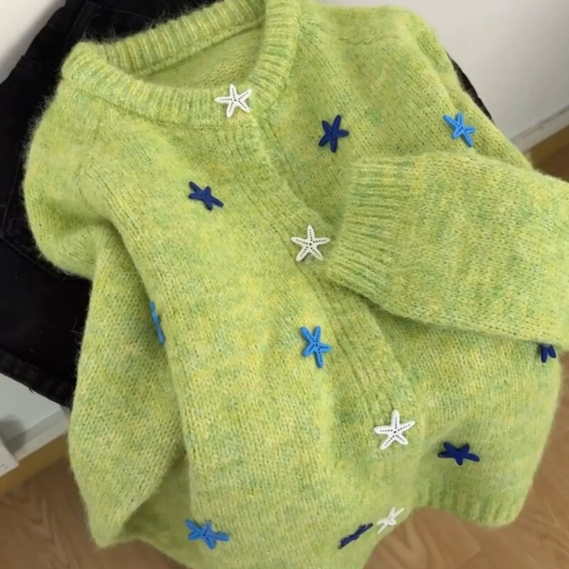 Atmospheric Green Star Sweater Cardigan for Women, 2026 Spring and Autumn New Style, Soft and Loose Lazy Style Knit Cardigan Atmospheric Green Star Sweater Cardigan for Women, 2026 Spring and Autumn New Style, Soft and Loose Lazy Style Knit Cardigan