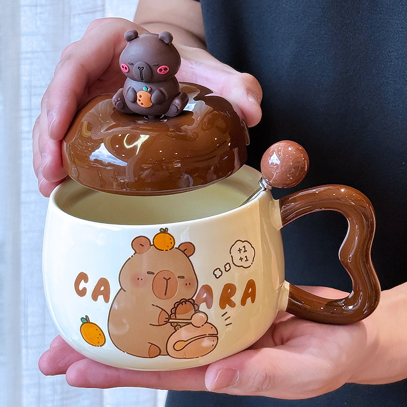 カピバラマグ 蓋とスプーン付き コーヒーカップ ハイエンドの絶妙なセラミックウォーターカップ 誕生日 卒業ギフト|undefined