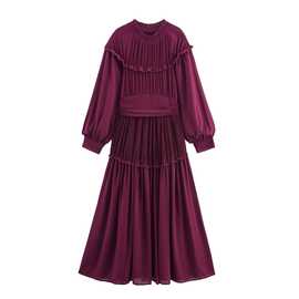 外贸批发秋季新款欧美风设计感木耳边长袖雪纺连衣裙