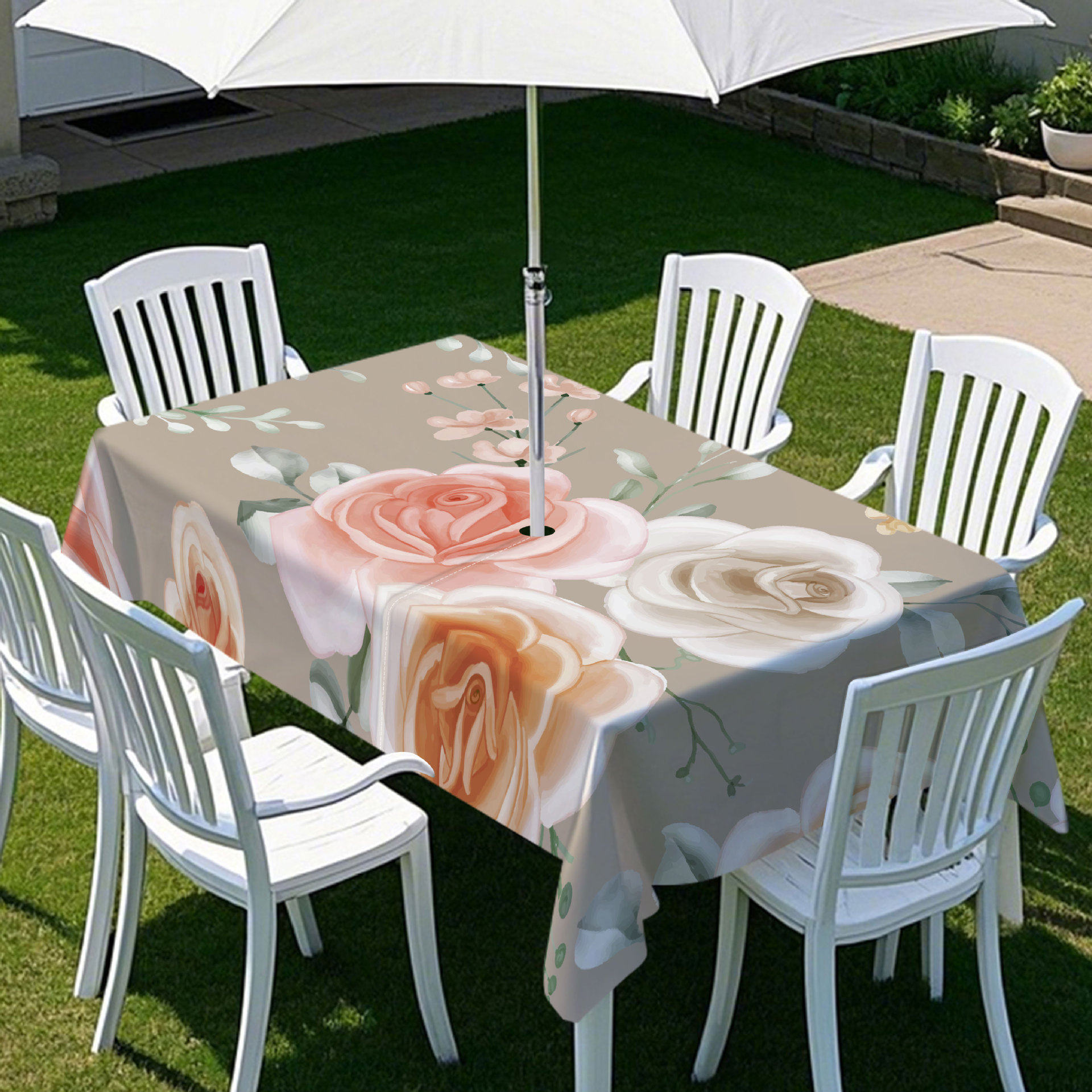 Outdoor Rectangular Table Flower Umbrella Holes Table Cover Patio Outdoor Rainproof Waterproof Table Cover Tablecloth