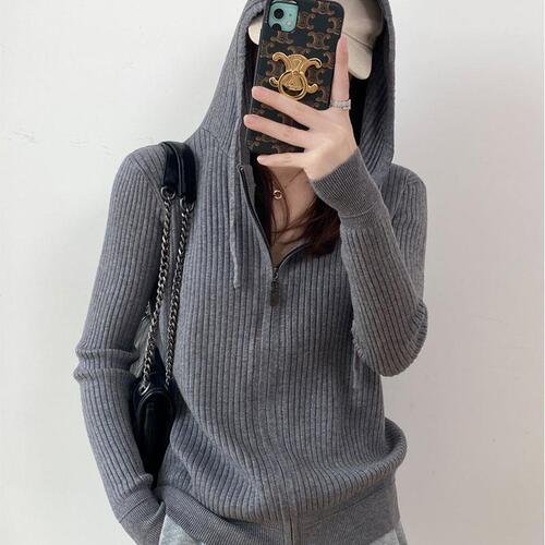 Spring  New Hooded Cardigan Sweater Women's Base Layer Casual Loose Knit Zipper Jacket with Hat