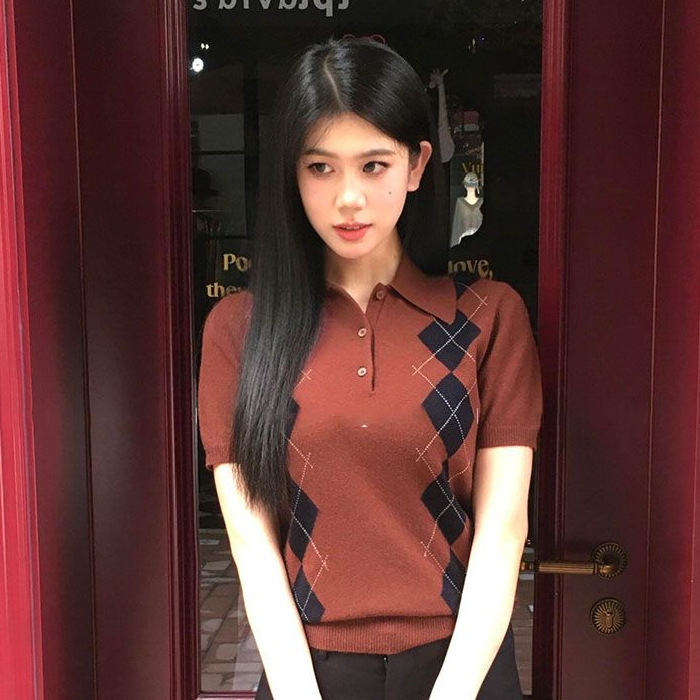 Brown Quilted Lapel Contrasting Short-Sleeved Knitwear 2025 Summer New Versatile Elegant Polo Collar Slimming Look Top Brown Quilted Lapel Contrasting Short-Sleeved Knitwear 2025 Summer New Versatile Elegant Polo Collar Slimming Look Top