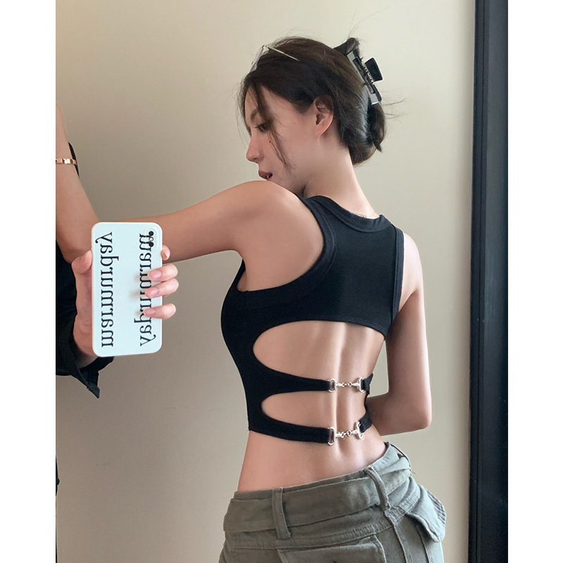 American Hot Girl I-Shaped Vest Women's Padded Hollow Tight Bottoming Shirt Sleeveless Inner and Outer Short Top Summer