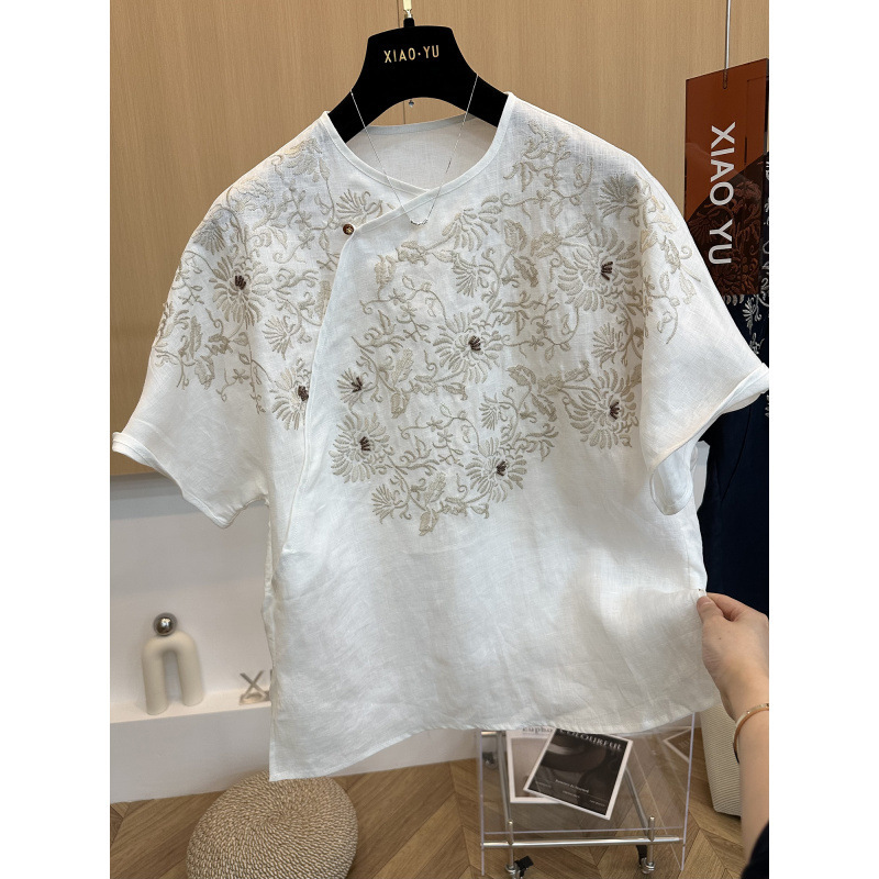 ハイエンドヨーロッパ夏の新しいスタイルのハイエンドファッション重工業国民風刺繍純粋なラミーラウンドネック半袖シャツトップス女性用|undefined