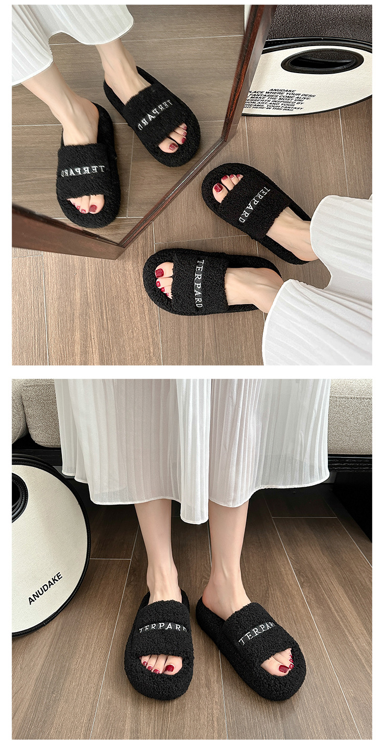 Pantofole in lana di agnello per capispalla da donna autunno e inverno nuovo stile casual versatile che aumenta le pantofole in pelliccia nera ricamate con suola spessa_voghion.com