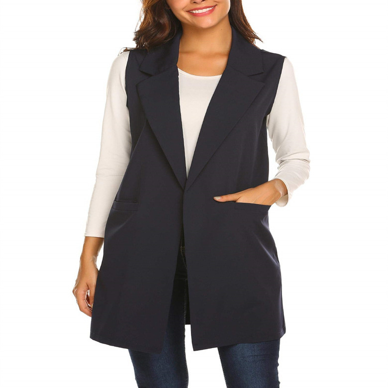 2022 europeo y americano transfronterizo verano elegante nueva ropa de mujer color sólido todo partido solapa sin hebilla cardigan traje largo chaleco