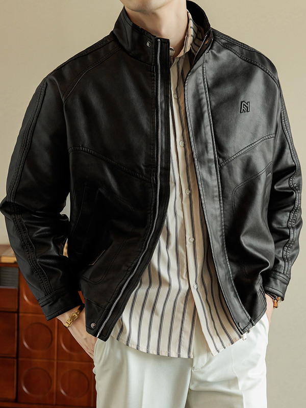 春秋高端皮衣外套男加肥加大潮牌痞帅休闲宽松机车服PU皮立领夹克|undefined