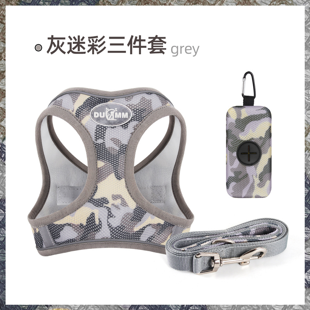 Inventario nuevo cinturón de pecho de perro reflectante transpirable para caminar cuerda de camuflaje de tres piezas conjunto de cuerda de tracción de perro al por mayor