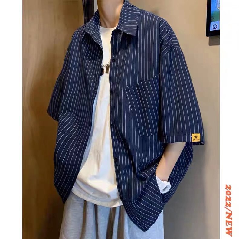 Summer Short-Sleeved Shirt for Men, Korean Style Trendy Vertical Stripes, Loose Casual Half-Sleeved Shirt, College Men's Spring Jacket Summer Short-Sleeved Shirt for Men, Korean Style Trendy Vertical Stripes, Loose Casual Half-Sleeved Shirt, College Men's Spring Jacket