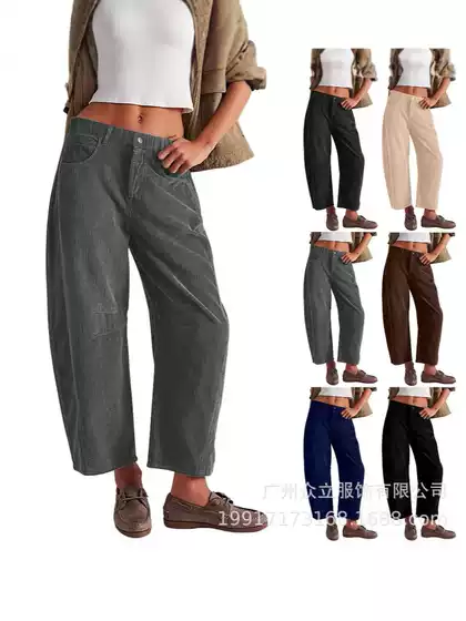 2024 Amazon Fall New Women's High Waist Casual Pants European & American Solid Color Corduroy Loose Straight Leg Long Pants for Women