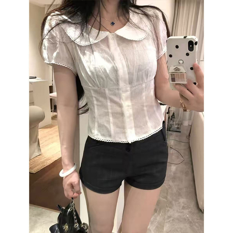 Mosesqueen/French-Style Retro Doll Collar Puff Sleeve Shirt, Fashionable Slim-Fit Short Top Mosesqueen/French-Style Retro Doll Collar Puff Sleeve Shirt, Fashionable Slim-Fit Short Top