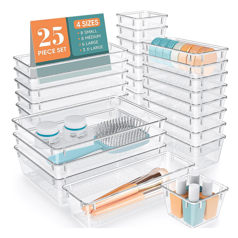 跨境25件透明PET塑料桌面抽屉收纳盒 厨房多功能组合储物盒首饰盒
