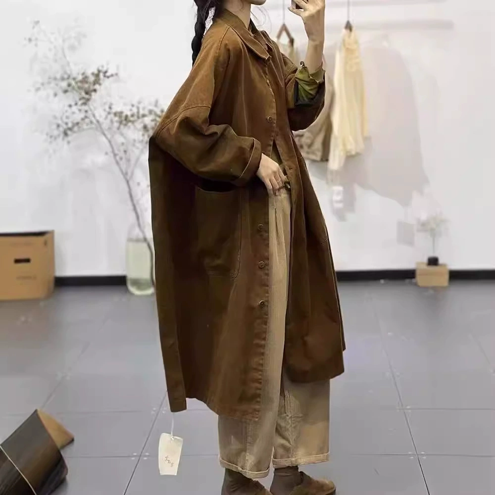 Осенние и зимние новые лацканы сплошные простые простые дикие ретро-художественные длинные повседневные тонкие пальто ветровки женские