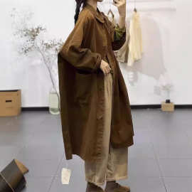 秋冬季新款翻领纯色简约百搭复古文艺长款休闲显瘦外套风衣女