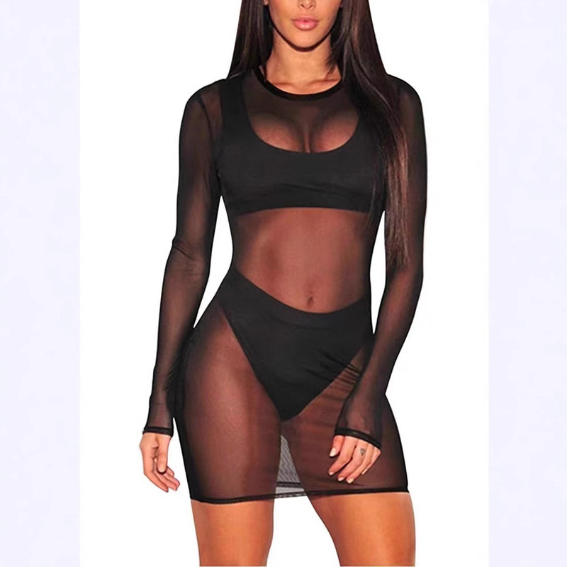 Amazon's New Women's Transparent Mesh Long-Sleeved Beach Dress Slimming Vacation Dress Urban Style Urban Commuting