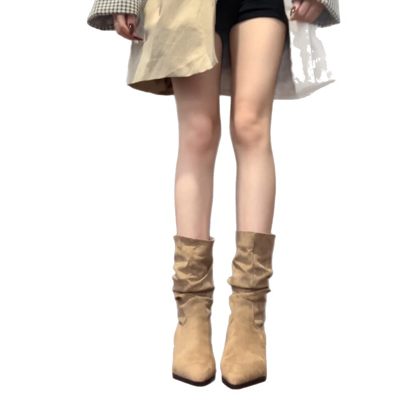 牛皮版~复古尖头高跟中筒靴女绒面磨砂西部牛仔靴细跟褶皱堆堆靴|undefined